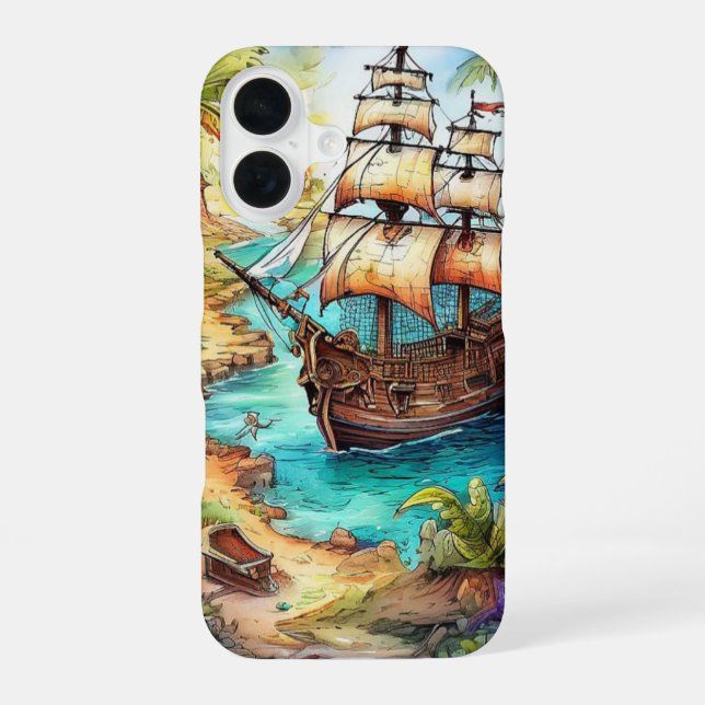 Coque iPhone 16 Navire pirate arrivant sur une île tropicale (Verso)