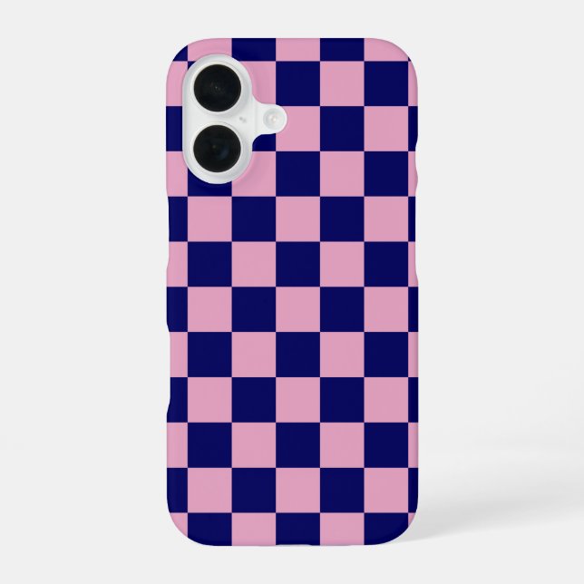Coque iPhone 16 Navy Blue and Light Pink Checkerboard Pattern (Verso)
