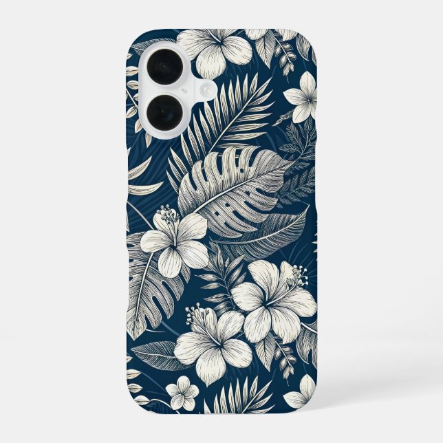 Coque iPhone 16 Navy Blue Hibiscus Monstera Tropical Botanical (Verso)