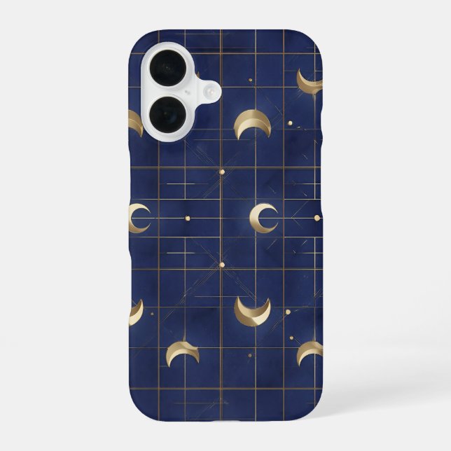 Coque iPhone 16 Navy Blue Moon and Gold Grid Design (Verso)