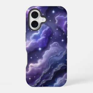 Coque iPhone 16 Nébuleuse magique violette et bleue avec des étoil