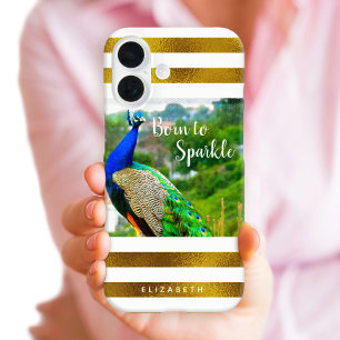 Coque iPhone 16 Née pour briller Chic Paon Or Blanc Rayures