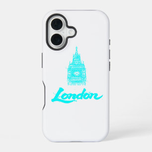 Coque iPhone 16 Néon Cyan Londres Big Ben Croquis Moderne Noir