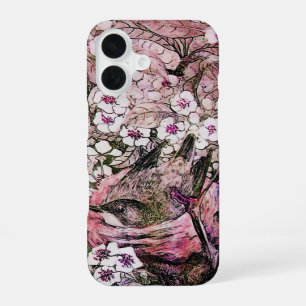 COQUE iPhone 16 NEST D'OISEAU, ARBRE AVEC FLEURS DE PRINTEMPS ROSE