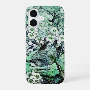 COQUE iPhone 16 NID D'OISEAU, ARBRE FLEURS DE PRINTEMPS VERT BLANC