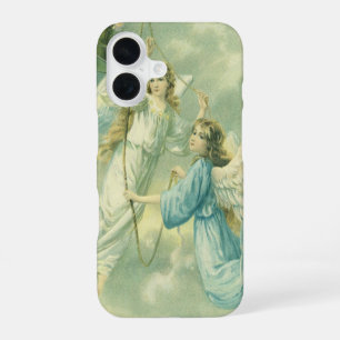 Coque iPhone 16 Noël vintage, anges victoriens avec une cloche