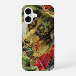 Coque iPhone 16 Noël Vintage, chiot teckel avec houx