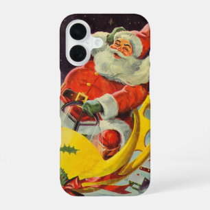 Coque iPhone 16 Noël vintage, le Père Noël dans un vaisseau spatia