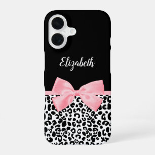 Coque iPhone 16 Nœud Rose Pâle Imprimé Léopard Noir et Blanc