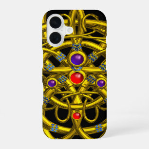 COQUE iPhone 16 NOEUDS CELTIQUES ABSTRAITS EN OR AVEC PIERRES PRÉC