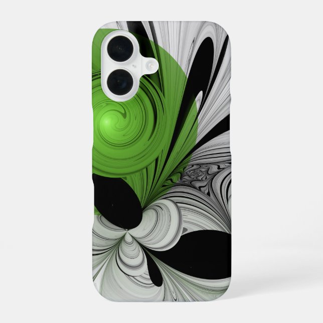Coque iPhone 16 Noir Abstrait et blanc avec art fractal vert (Verso)