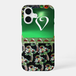 Coque iPhone 16 NOIR ART VERT NOUVEAU MONOGRAM EN PIERRE GEMME Éme