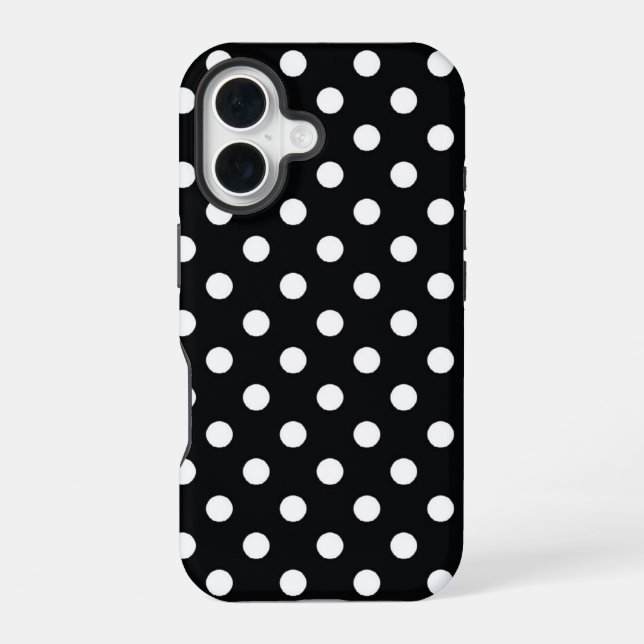 Coque iPhone 16 Noir avec des pois blancs (Verso)