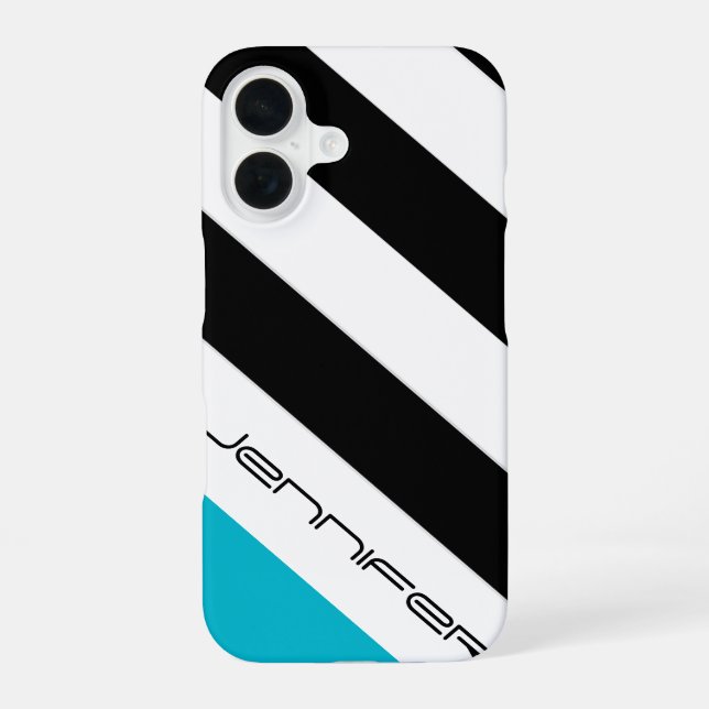 Coque iPhone 16 Noir, Blanc, Bleu, Grille moderne, Nom (Verso)
