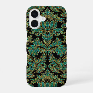 Coque iPhone 16 Noir Damassés Floraux Vintage Bleu-vert & Or