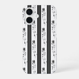 Coque iPhone 16 Noir et blanc gris vintage rayé avec des roses 