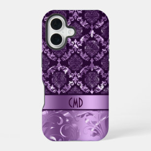 Coque iPhone 16 Noir Et Métallurgique Violet Damas & Dentelle