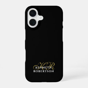 Coque iPhone 16 Noir personnalisé or initiales blanc nom minimalis