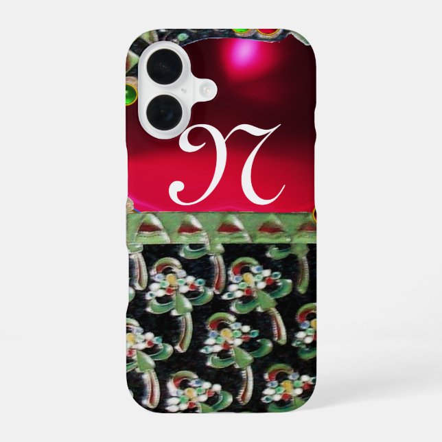 Coque iPhone 16 NOIR VERT ROUGE ART NOUVEAU GEMSTONE MONOGRAM Ruby (Verso)