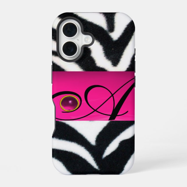 COQUE iPhone 16 NOIR ZEBRA FUR FUCHSIA ROSE GEM MONOGRAM, (Verso)