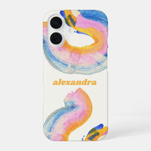 Coque iPhone 16 Nom aquarelle abstraite artistique bleue et jaune