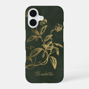 Coque iPhone 16 Nom botanique vintage vert foncé or