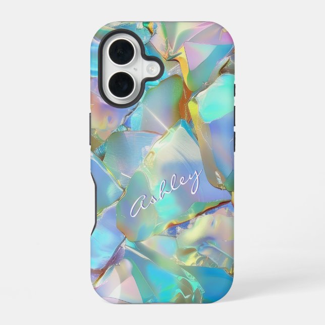 Coque iPhone 16 Nom de script blanc sur fond opale (Verso)