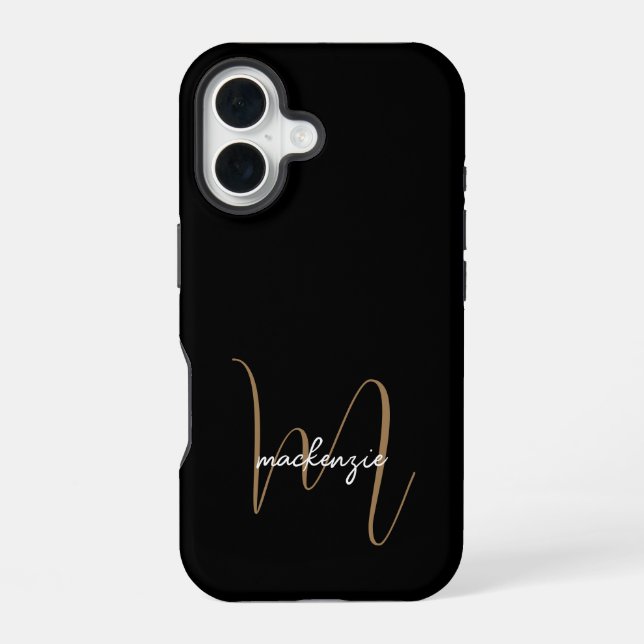 Coque iPhone 16 Nom de script féminin Monogramme Or Noir Moderne (Verso)
