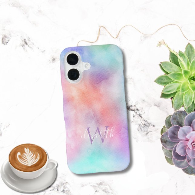 Coque iPhone 16 Nom du double monogramme Première aquarelle Pastel (Double monogram Name and Initial, Pastel rainbow watercolor iPhone case. iPhone 16 15 14 13 12 11)
