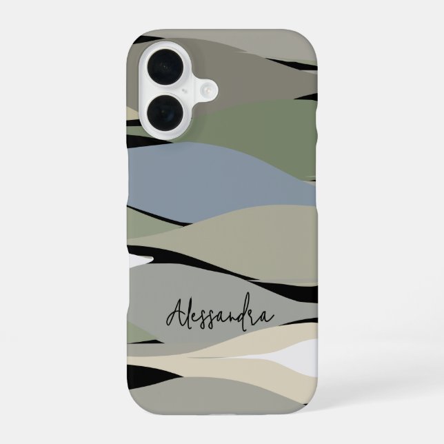 Coque iPhone 16 Nom du monogramme boho feuilles abstraits vert bei (Verso)