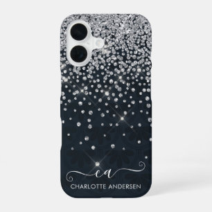 Coque iPhone 16 Nom du monogramme de Parties scintillant noire et