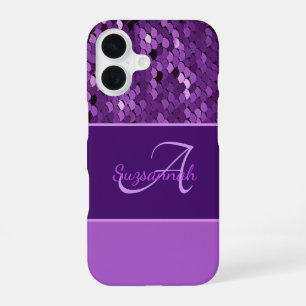 Coque iPhone 16 Nom du monogramme personnalisé Séquines violettes