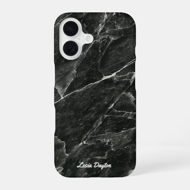 Coque iPhone 16 Nom du script en marbre noir (Verso)
