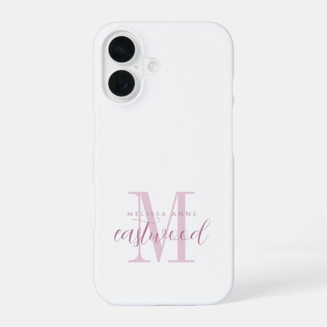 Coque iPhone 16 Nom élégant en écriture manuscrite Monogramme rose (Verso)