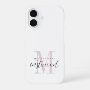 Coque iPhone 16 Nom élégant en écriture rose et noir Monogramme 