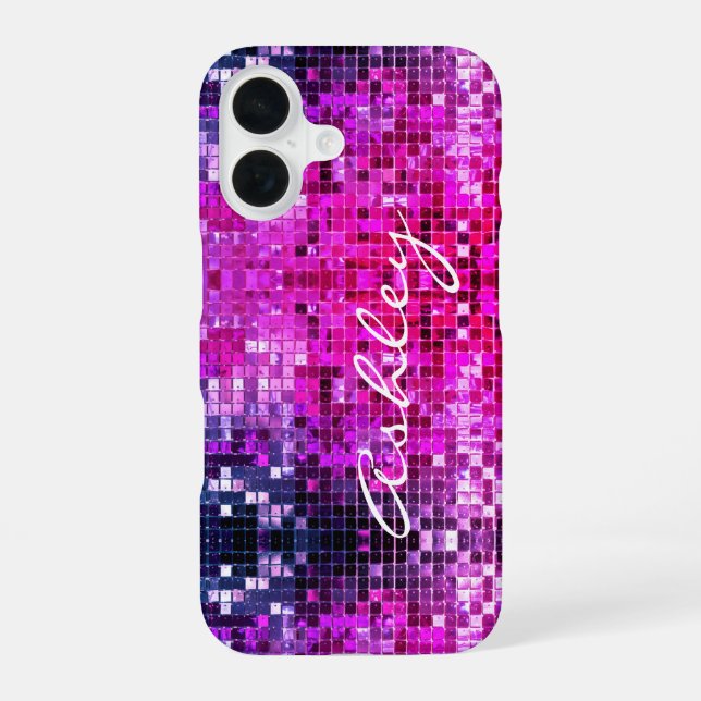 Coque iPhone 16 Nom en écriture blanche sur strass rose (Verso)