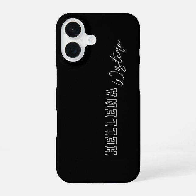 Coque iPhone 16 Nom en script Monogramme Collège Varsity Noir Blan (Verso)