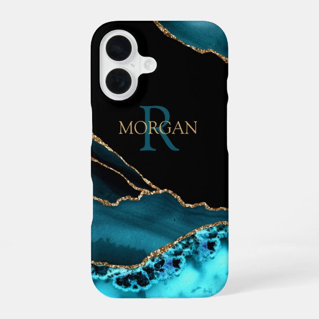 Coque iPhone 16 Nom et monogramme Turquoise Agate noir, Gold DkTea (Verso)