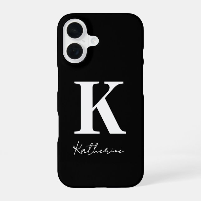 Coque iPhone 16 Nom Moderne Initial Noir Blanc Personnaliser (Verso)