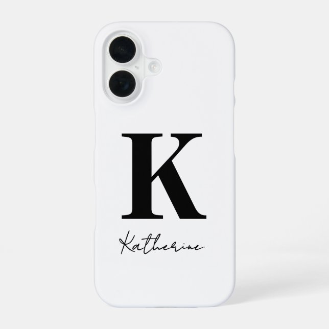 Coque iPhone 16 Nom Moderne Initiale Blanc Personnaliser Noir (Verso)