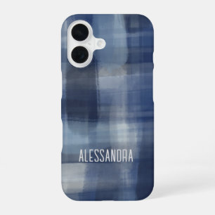 Coque iPhone 16 Nom monogramme bleu marine tartan à carreaux aquar