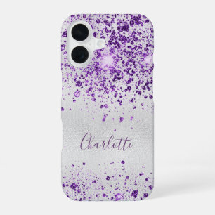 Coque iPhone 16 Nom monogramme de la parties scintillant argentée