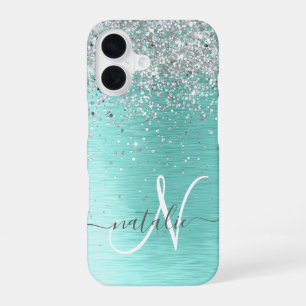 Coque iPhone 16 Nom Monogramme Pailleté Argent Métal Brossé Sarcel