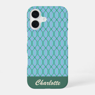 Coque iPhone 16 Nom personnalisé Aqua Blue Géométrique Vintage