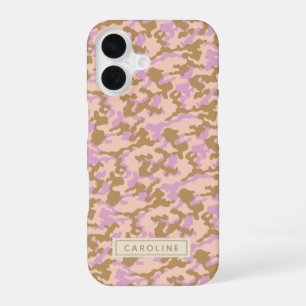 Coque iPhone 16 Nom personnalisé Camouflage rose Brown Camo Chic