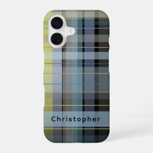 Coque iPhone 16 Nom personnalisé Check Tartan Noir Bleu Lilas Élég