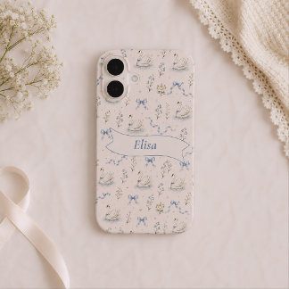 Coque iPhone 16 Nom personnalisé Cottagecore Bow Swan Lake Élégant