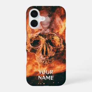 Coque iPhone 16 Nom personnalisé. Crâne enflammé dans l'espace