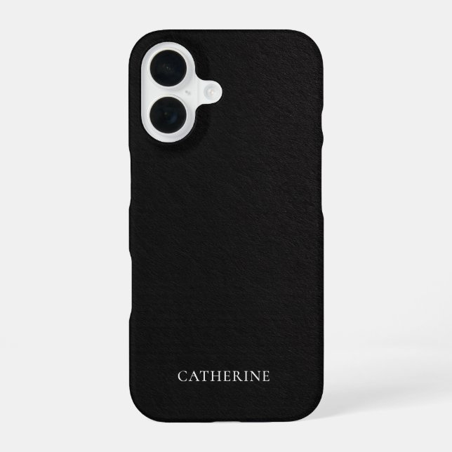 Coque iPhone 16 Nom personnalisé Cuir Noir Élégant (Verso)