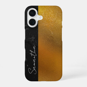 Coque iPhone 16 Nom Personnalisé Élégant Noir et Or Texturé